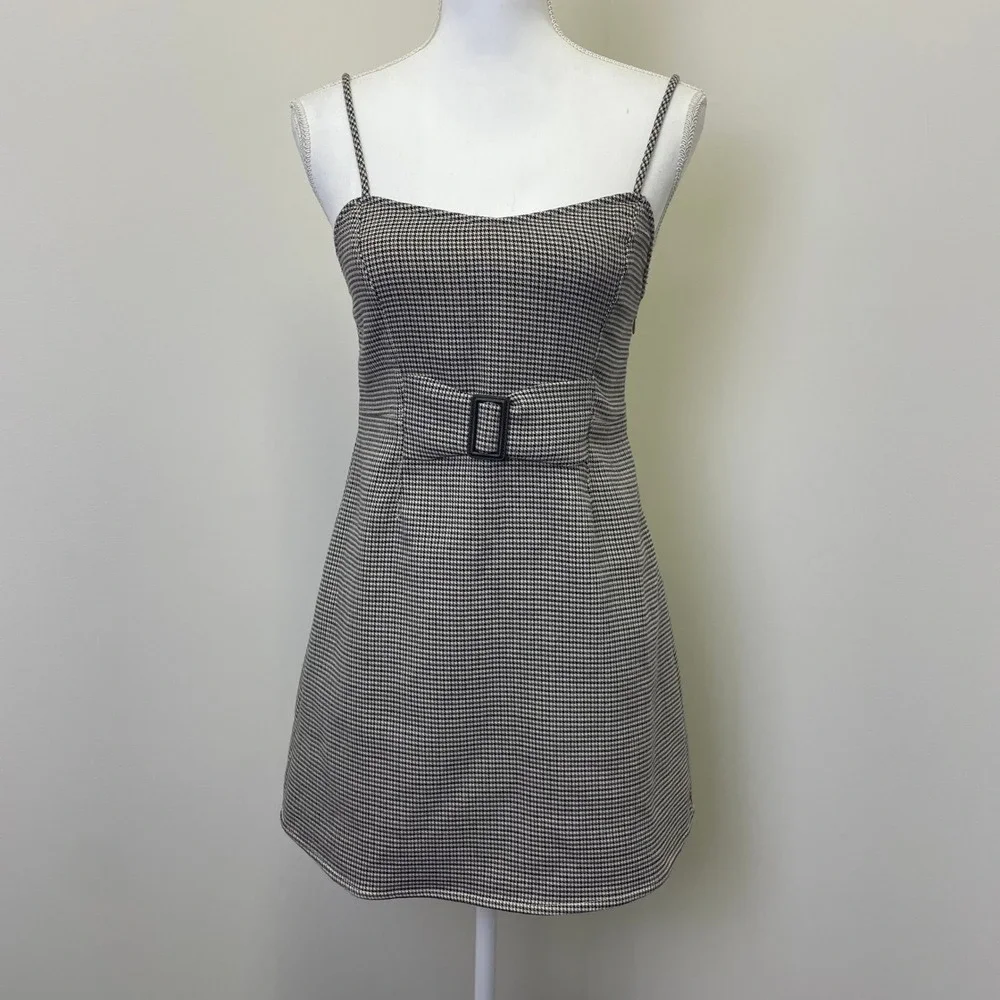 Free People Houndstooth Mini Dress Buckle Waist Spaghetti Strap Size 4